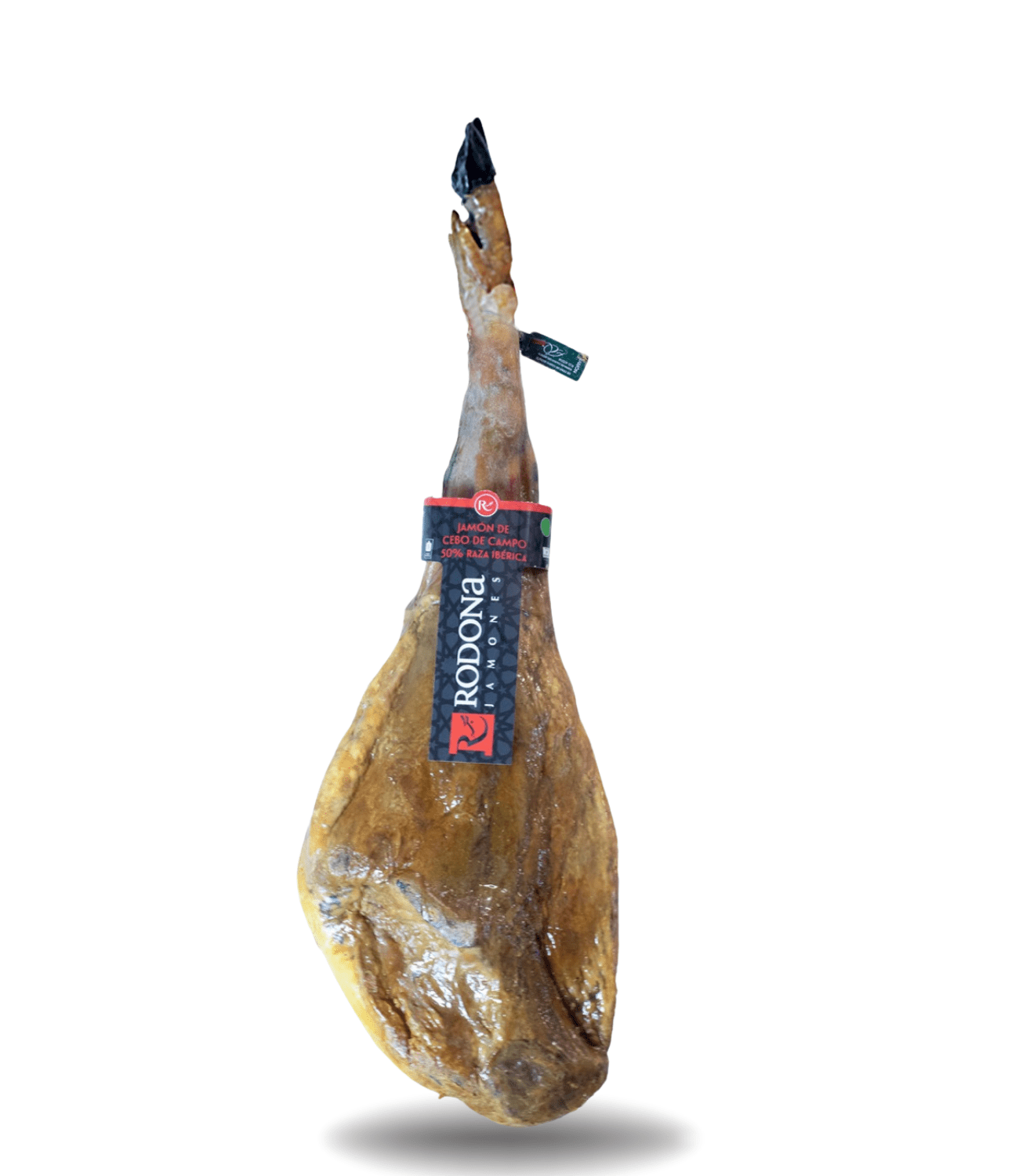 Jamón de Cebo de Campo Ibérico 50% Jamones Rodona, loncheado artesanalmente, con sabor equilibrado y aroma característico